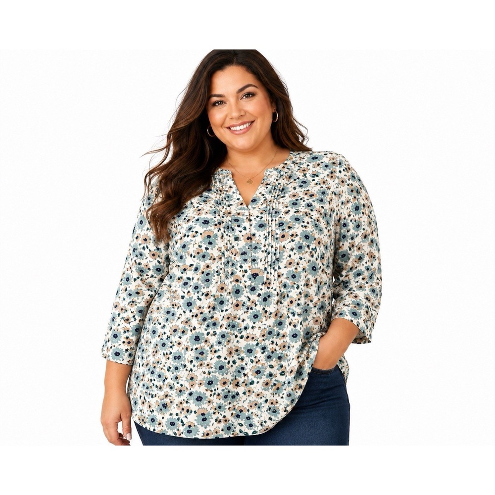 Croft & Barrow 1X Floral Pintuck Peasant Blouse Blue 3/4 Sleeve